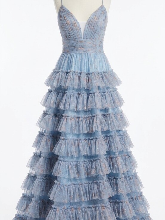 Jovani Dresses & Skirts - Jovani Dusty Blue Floral Sparkle Spaghetti-Strap Gown